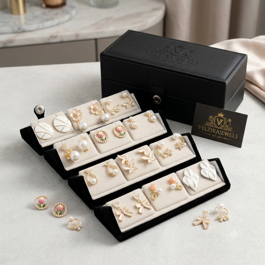 12 pairs jhumka with folding box - Korean Earrings Combo