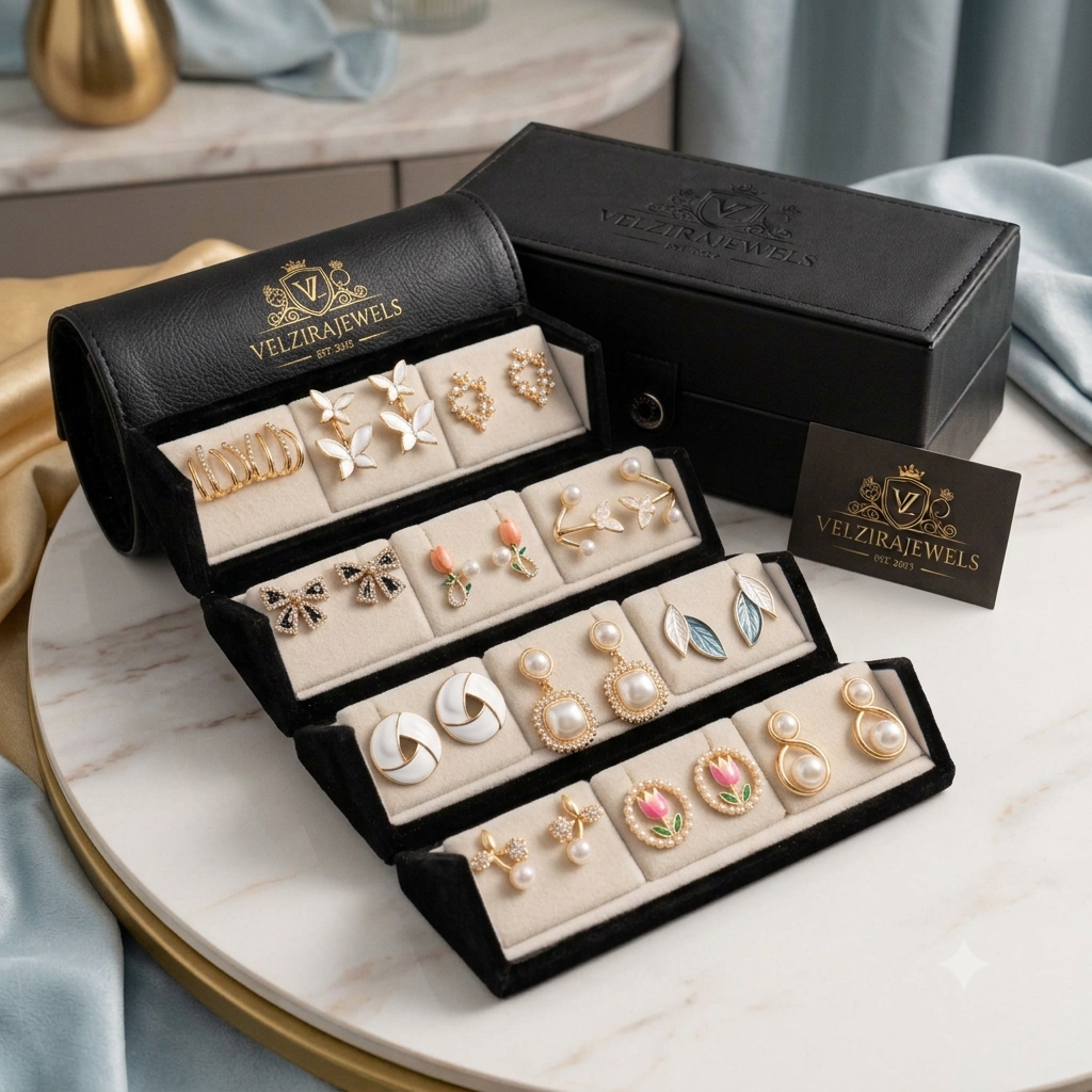 12 pairs jhumka with folding box - Korean Earrings Combo