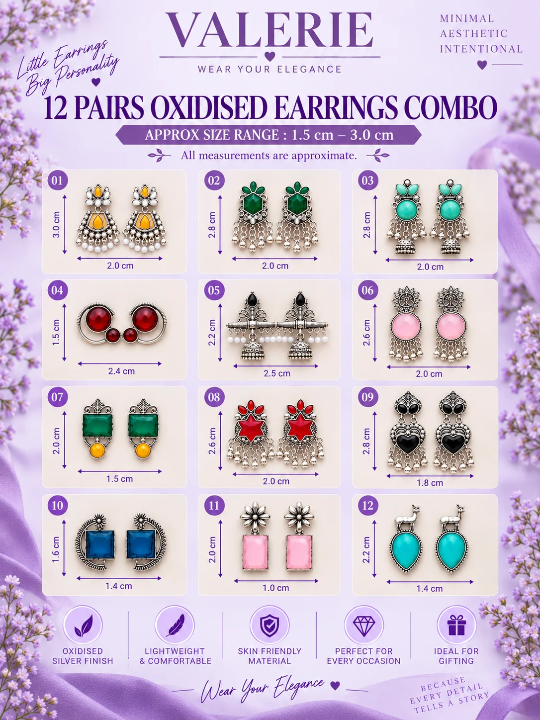 12-Pair Multicolor Oxidized Earrings Set