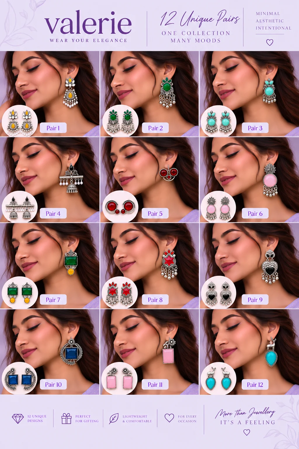 12-Pair Multicolor Oxidized Earrings Set